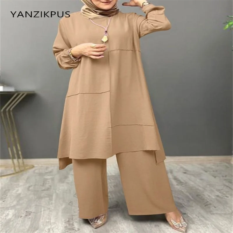 2024 Muslim Women's Arab Urban Sportswear Elegant Bubble Sleeve Round Neck Shirt Loose Luxury Fashion Islamic Wide Leg Pants Set