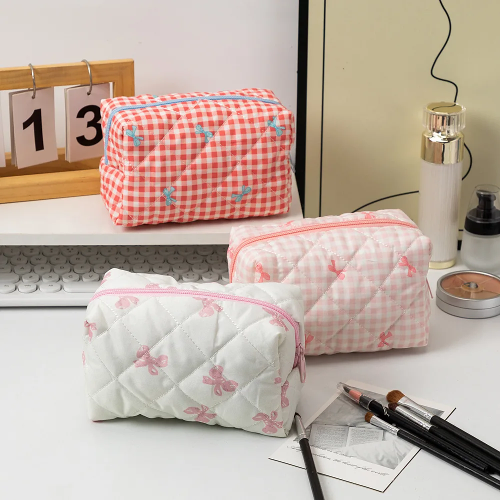 Checkered Bow Large Capacity Clutch Makeup Bag Fabric Coin Pouch Portable Japanese Korean Student Makeup Bag Makeup Brush Case