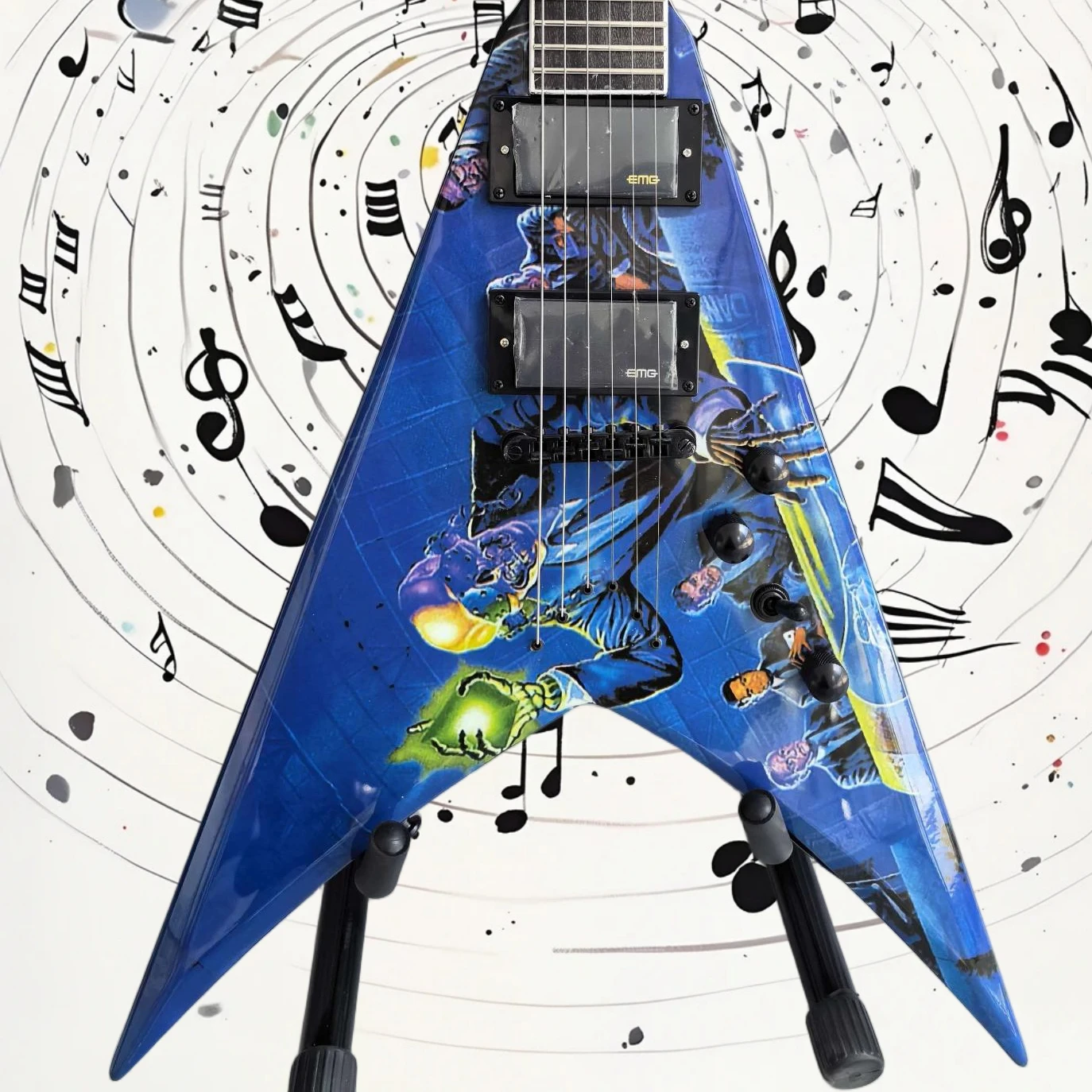 Free Shipping V Shape Electric Guitar Blue Comic Print 6 String HH Pickups Unique Triangle Body Heavy Metal Live Stage Gift