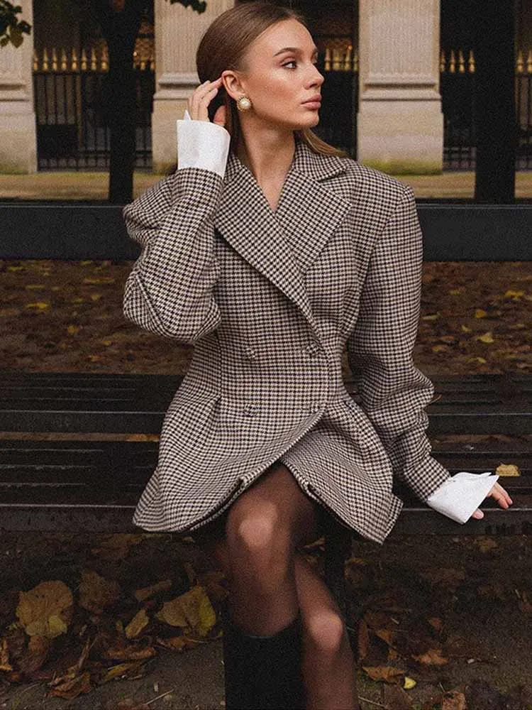 BKQU Plaid Elegant Double Breasted Suit Jacket Women Lapel Full Sleeve Slim High Waist Blazer Dress 2025 Chic Street Outerwear