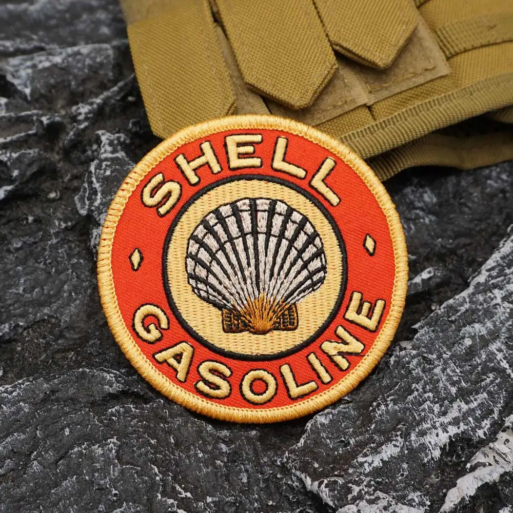 Parche bordado SHELL GASOLINE con borde de merrow, apliques cosibles para ropa y accesorios