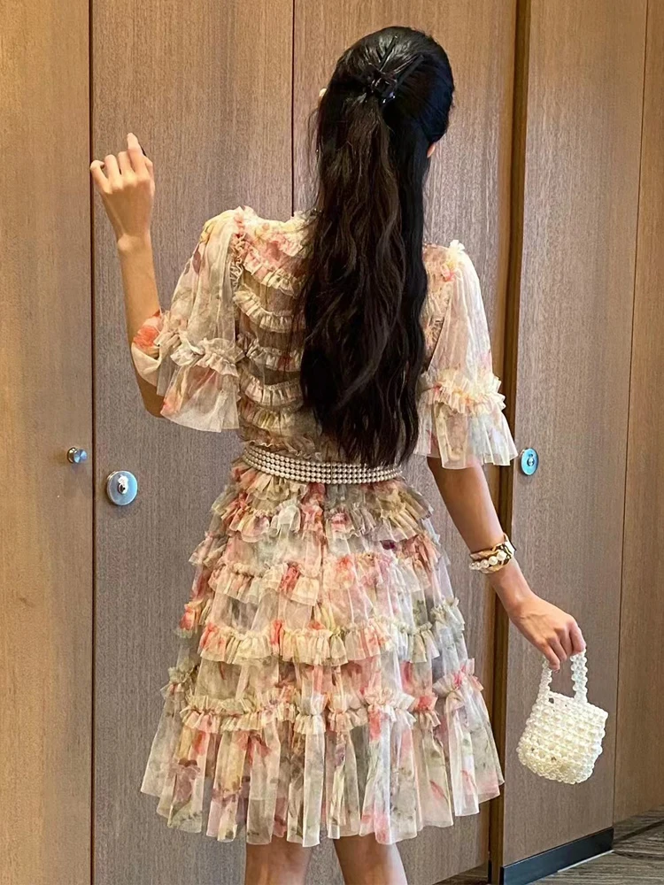 SEQINYY Elegant Mini Dress Summer Spring New Fashion Design Women Runway Short Sleeve Vintage Flower Print Mesh Ruffles Party