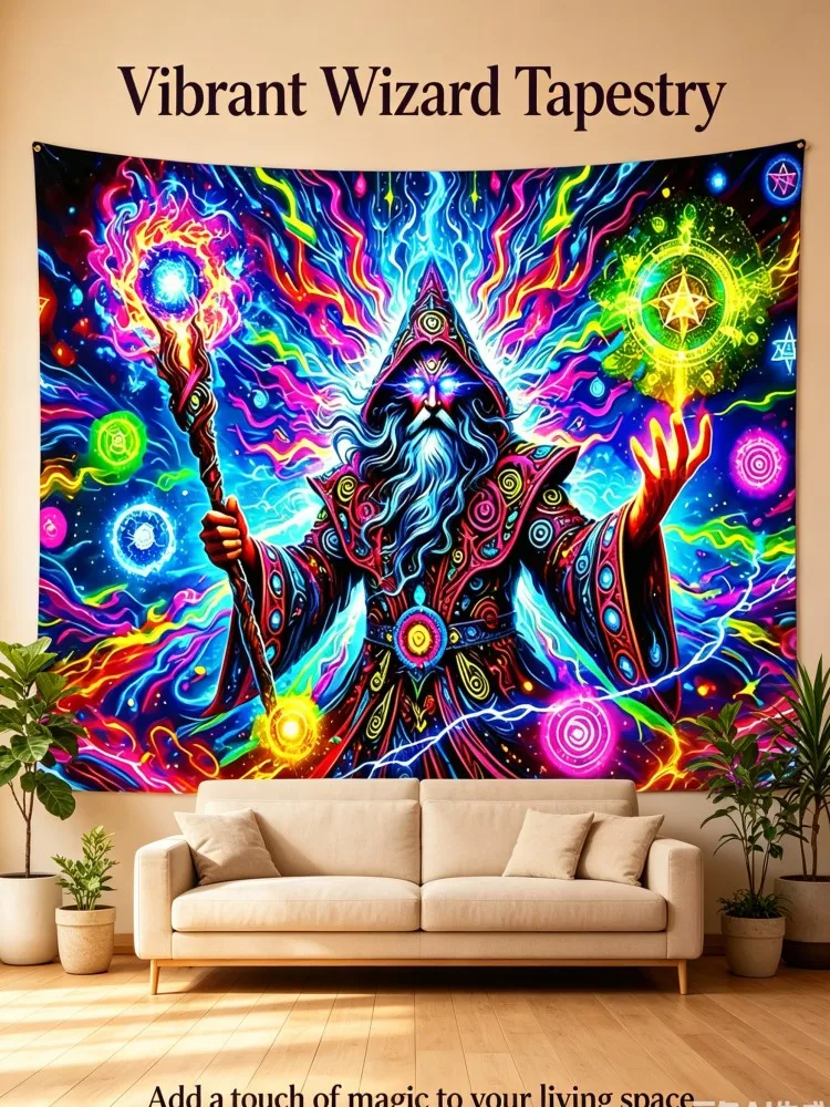 Fluorescent Trippy Wizard Blacklight Wall Tapestry, Vibrant Rainbow Magic Spell Lightning Pentagram Print UV Glow Wall Blanket,