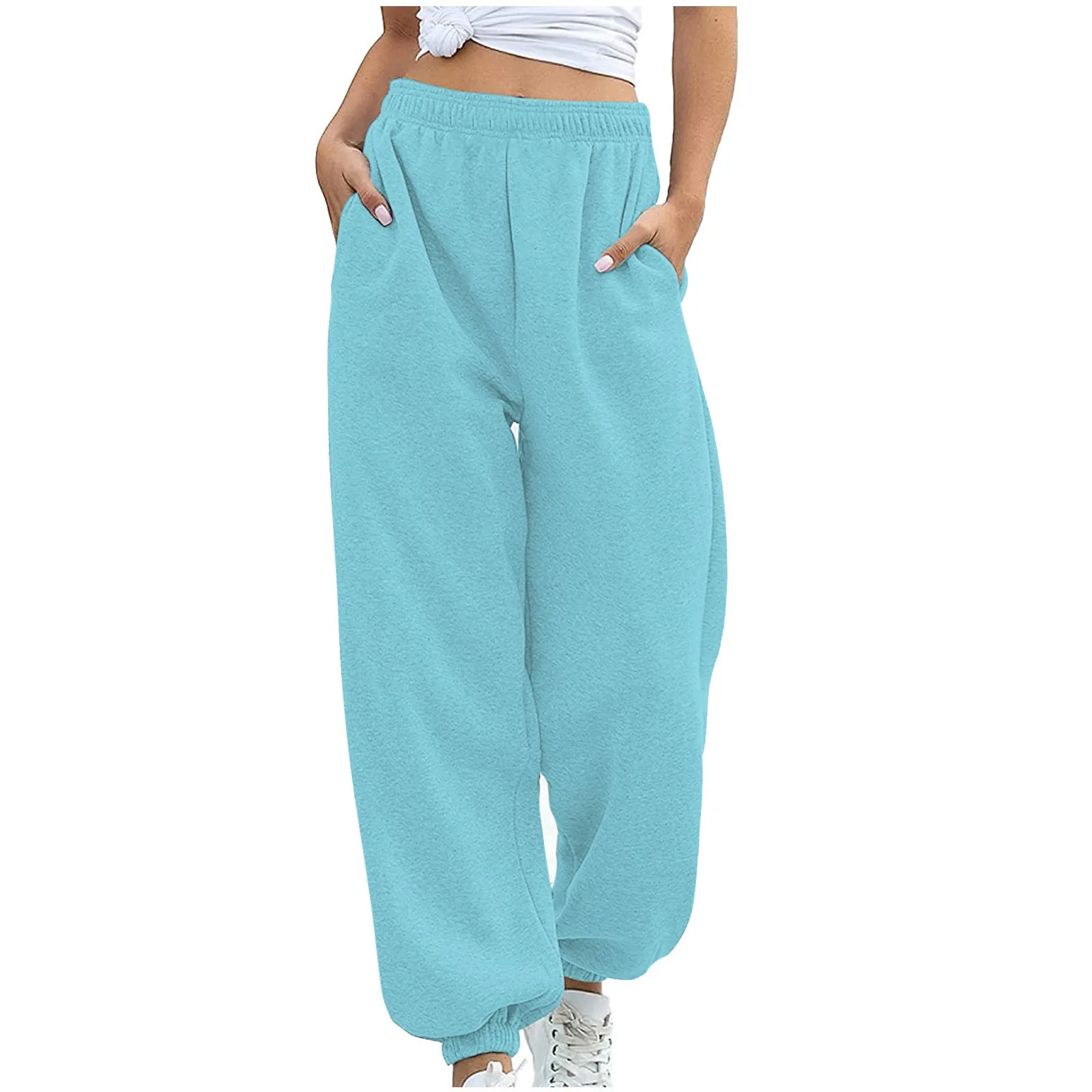 

2024 Women Trouser High Waist Yoga Joggers Sweatpants Solid Color Trousers Workout Wide Leg Pants With Pockets Pants For Ladies