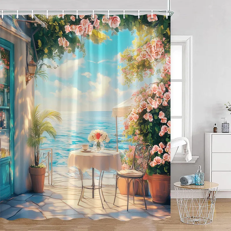 Hand-painted Street View Shower Curtains European Garden Cafe Green Plants Flowers Greenery Bathroom Decor Modern Bath Curtain