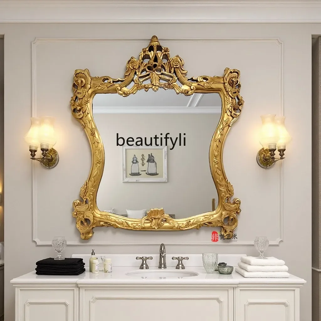 

French Retro Fireplace Decorative Mirror European Light Luxury Bathroom Makeup Mirror Wall-Mounted Desktop Vanity Mirror