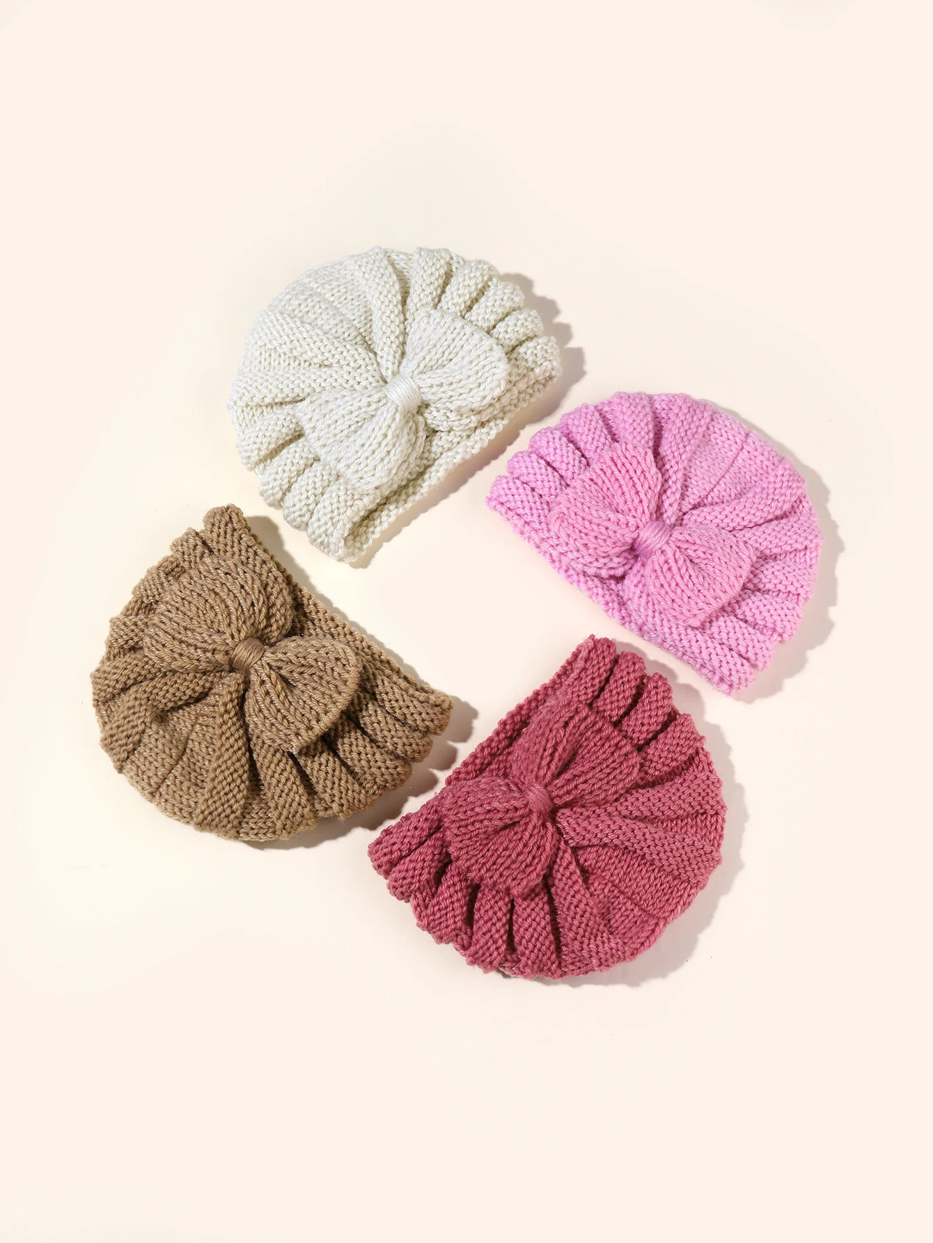 4pcs Bow Knit Baby Hat Girls Boys Elastic Bonnet Autumn Winter Warm Turban Hats Solid Color Woolen Cap Kids Accessories