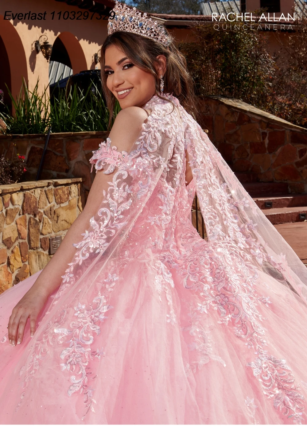 EVLAST Shiny Pink Quinceanera Dress Ball Gown Lace Applique perline cristalli con Cape corsetto Sweet 16 Vestido De 15 Anos TQD466