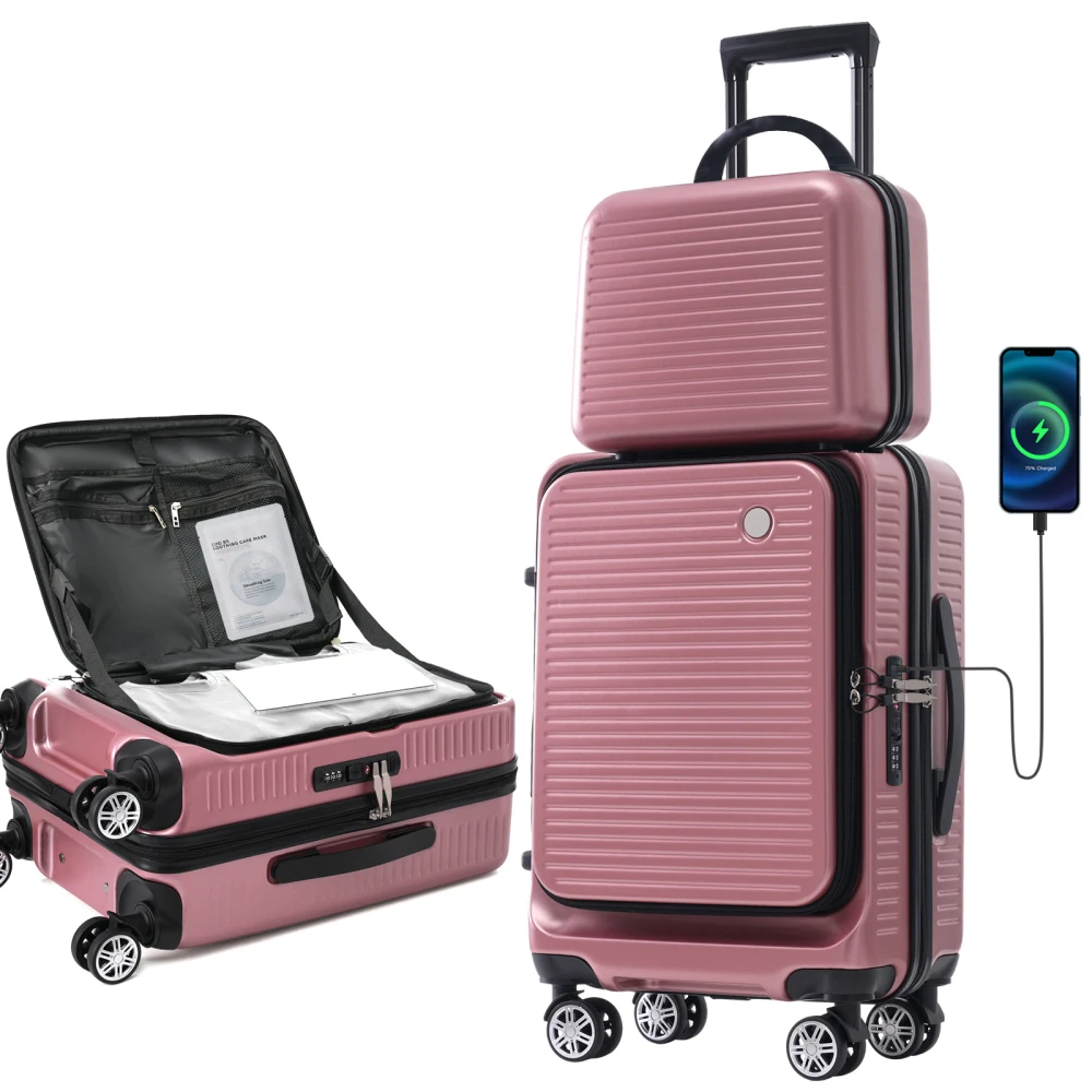 Carry-on Luggage 20 Inch Front Open Luggage Lightweight Suitcase with Front Pocket and USB Port, 1 Portable Carrying Case