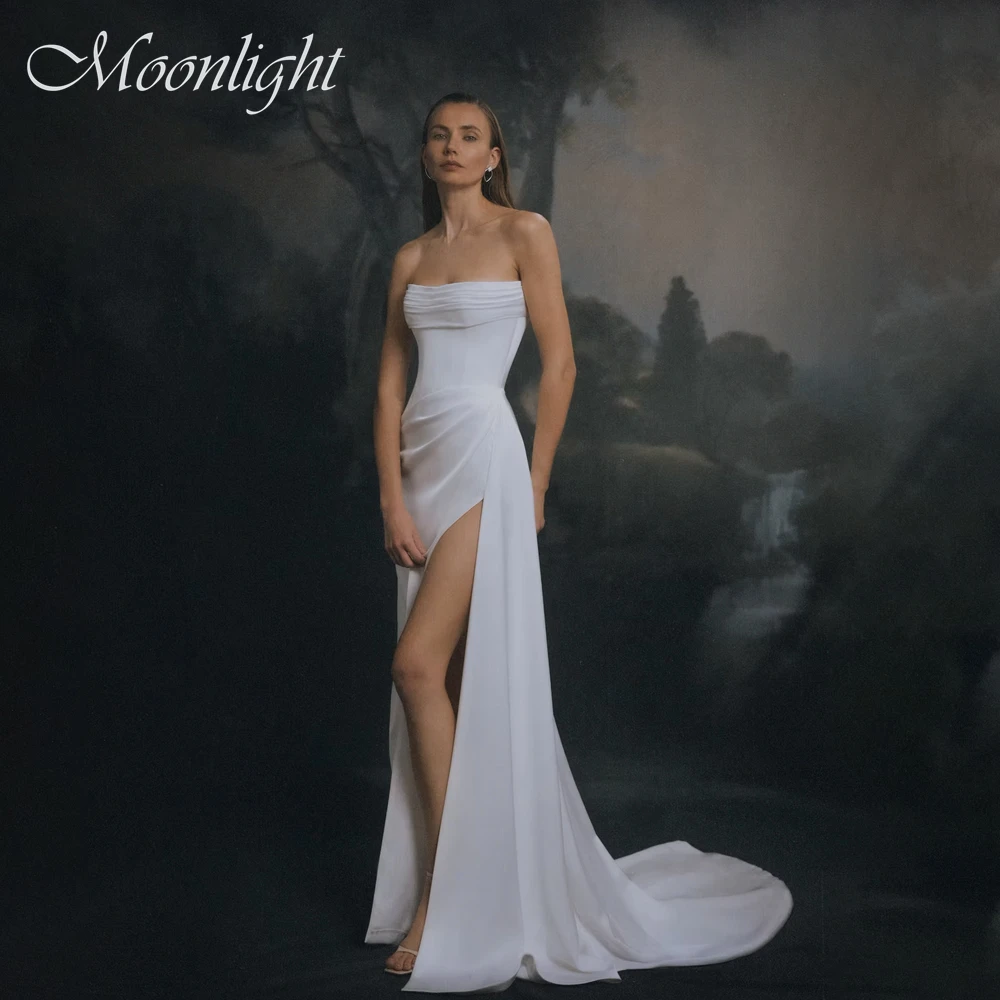 

Simple Pleates Strapless Mermaid Wedding Dress Women Sleeveless High Side Slit Backless Sweep Train Vestidos De Novia Customized