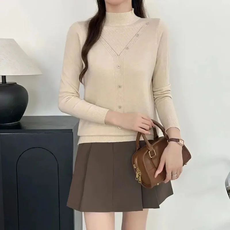 شبه الياقة المدورة سترة المرأة معطف الخريف الشتاء موضة جديدة أسفل قميص الإناث تنوعا البلوز مزاجه متماسكة السيدات #5