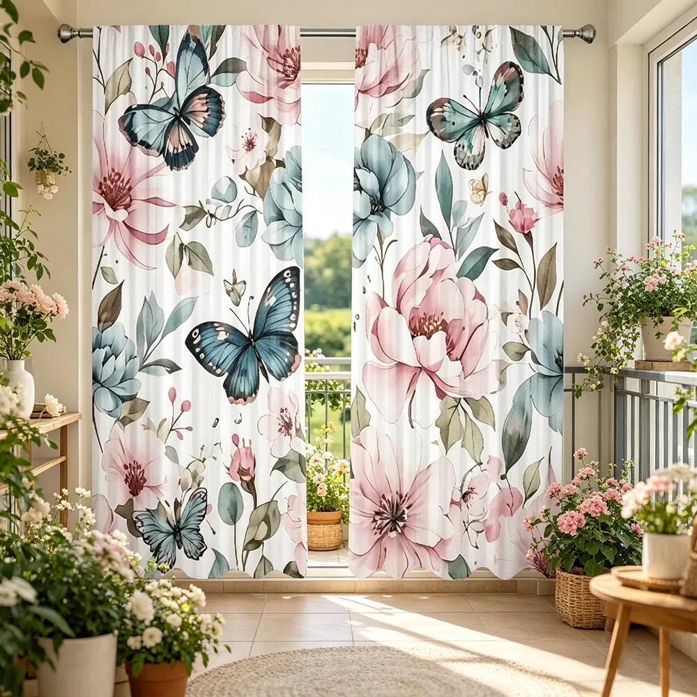 2PCS Digital Printed Curtains, Butterfly Peony Floral Chinese Style, Rod Pocket Window Drapes for Living Room Bedroom Decor