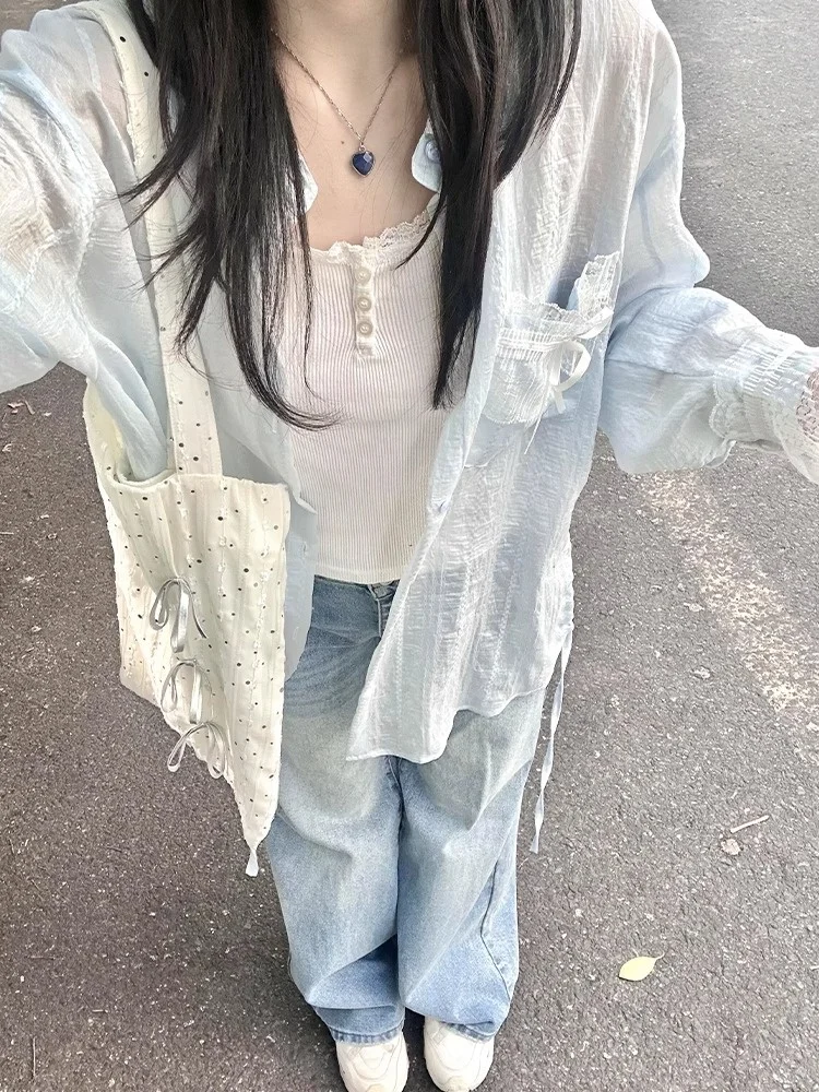 

Korean Sle Lace Splice irt Jaet Women's Autumn Thin Loose Casual Sun Protection Top Layering Blouse Commute Sle