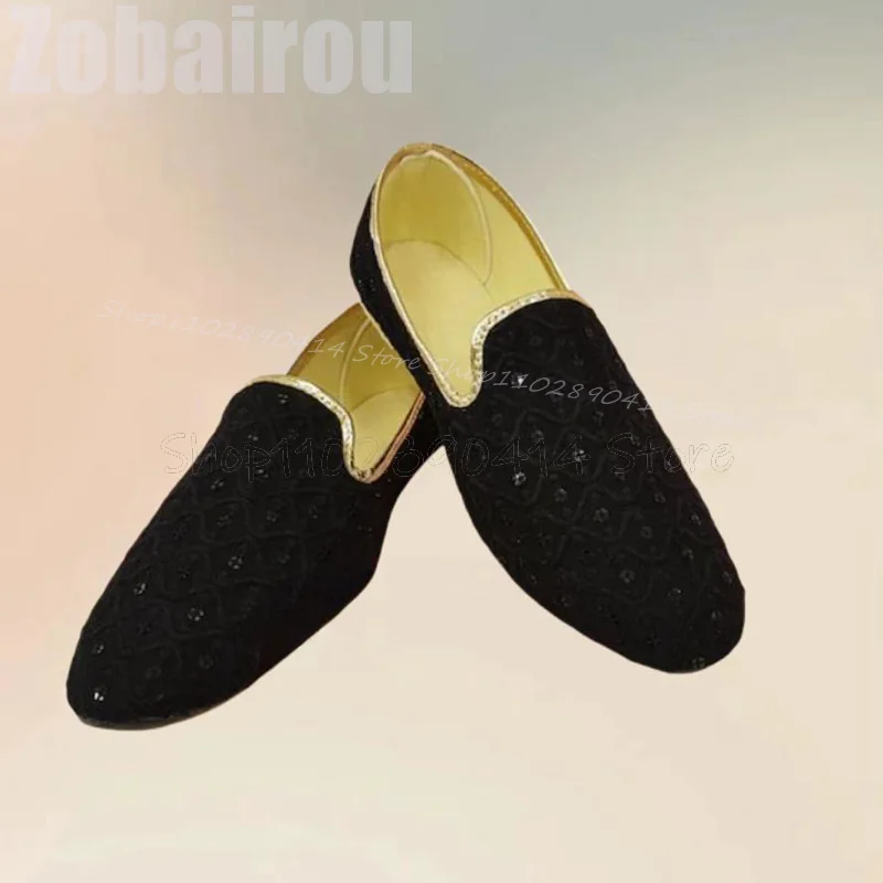 Mocassins de conception géométrique noire pour hommes, chaussures à enfiler, décor à paillettes, luxueux, fait à la main, fête, banquet, rendez-vous, décontracté, mode