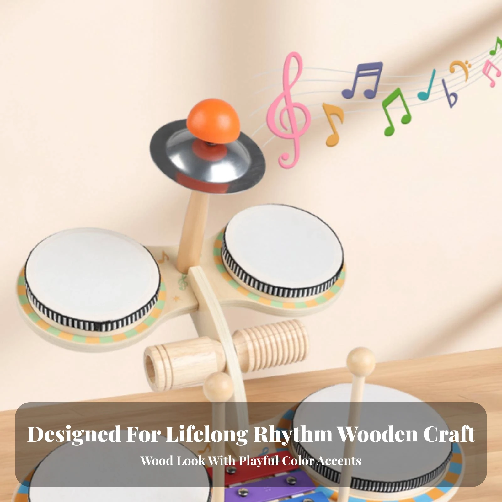 Drum Set with Xylophone Rainbow-Colored Drum Set with Cymbals Wooden Xylophone Toy Colorful Music Station Interactive