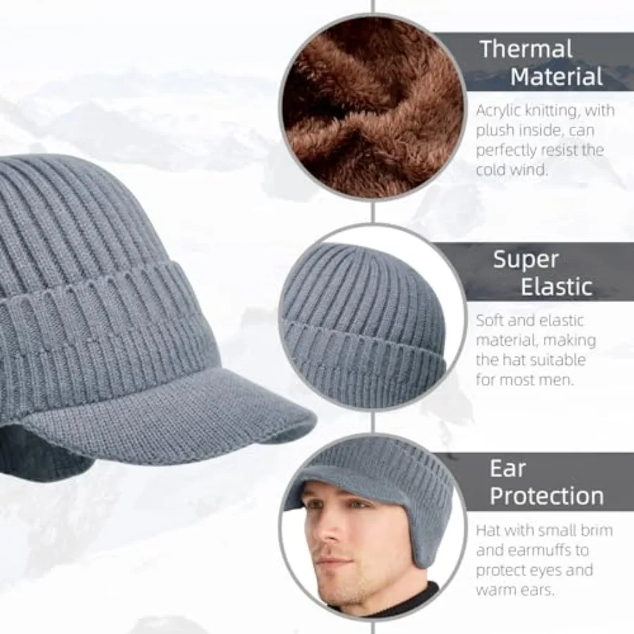 Gorro de invierno para hombre con ala, gorro cálido con orejeras para hombre, gorro de invierno de punto con forro polar grueso para exteriores