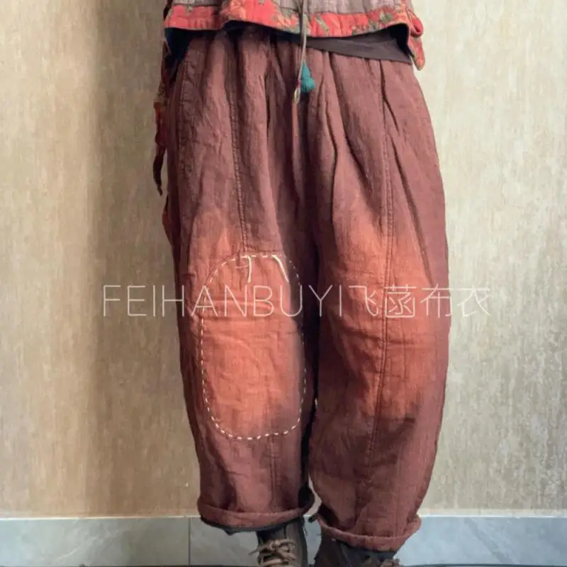 กางเกงขายาวทรงฮาเร็มสไตล์วินเทจผ้าฝ้ายลินินเนื้อหนาอุ่นสำหรับผู้หญิงเอวยางยืดทรงหลวมความยาวระดับข้อเท้าคุณภาพสูงสำหรับฤดูใบไม้ร่วงและฤดูหนาว