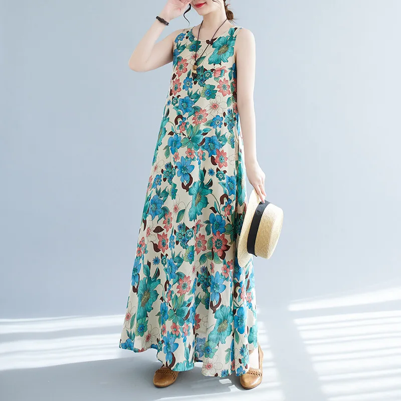 2025 Estate Nuovo Artistico Allentato Cotone E Stampa di Canapa O Collo Abito Senza Maniche Per Le Donne Alla Moda Della Boemia Grande Altalena Abito Lungo