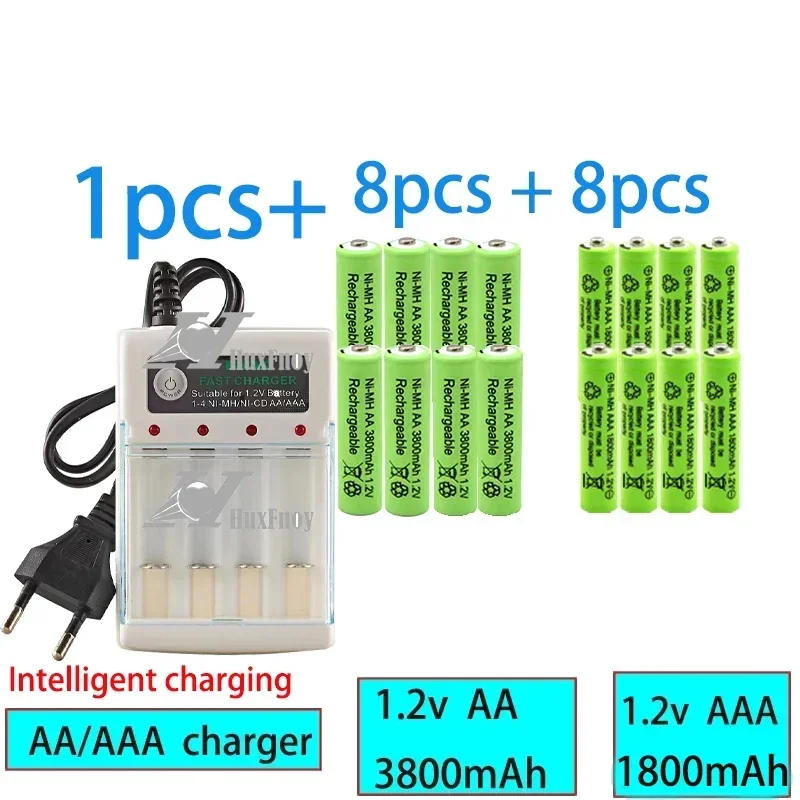 Long Lasting AAA Rechargeable Batteries, 1.2V aaa 1800mAh, 1.2V AA3800mAh  Ni-MH Battery for Microphone and Camera with Charger