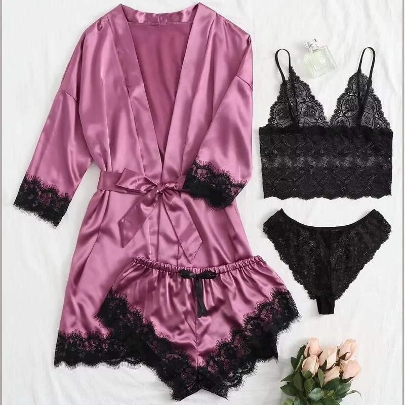 Women's Summer  Pajama Pants Set 4 Pieces Lace Satin With Silk Sleepwear Robe Fashion And Comfortable Nightwear