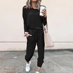 Women Solid Color Long Sleeve O Neck Blouse Top Drawstring Pants Sport Tracksuit Sports Shirts Spring Autumn Set Tracksuit Wome