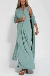 Spring Autumn Women's Clothing Solid Color V-neck Sleeveless Dress + Casual Loose Side Slit Cardigan Jacket (sold Separately)