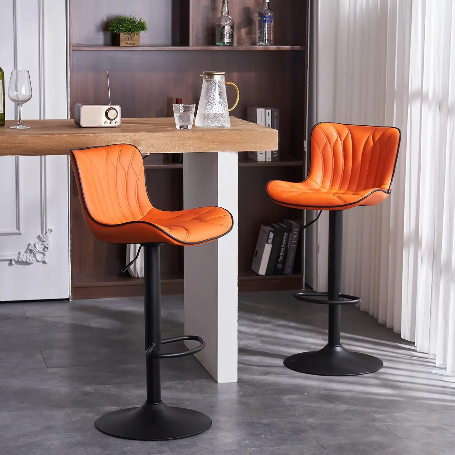 Bar Stools Set of 2 Orange Barstools Adjustable Counter Height Stools 24 inch Swivel Modern Bar Stool with Back