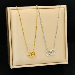 Stainless Steel Double Love Heart Pendant Necklace For Women Gold Color Clavicle Chain Jewelry Wedding Party Christmas Gift