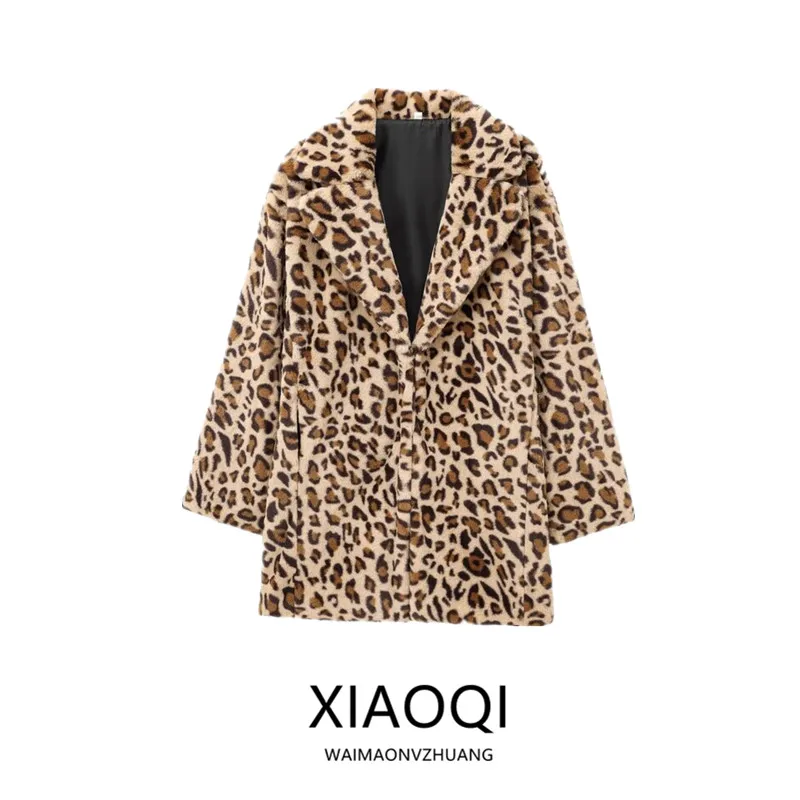 

Autumn Winter New Arrival Women's Animal Print Faux Fur Effect Coat Jaet Loose Fit Versatile Sle 00% Other Material