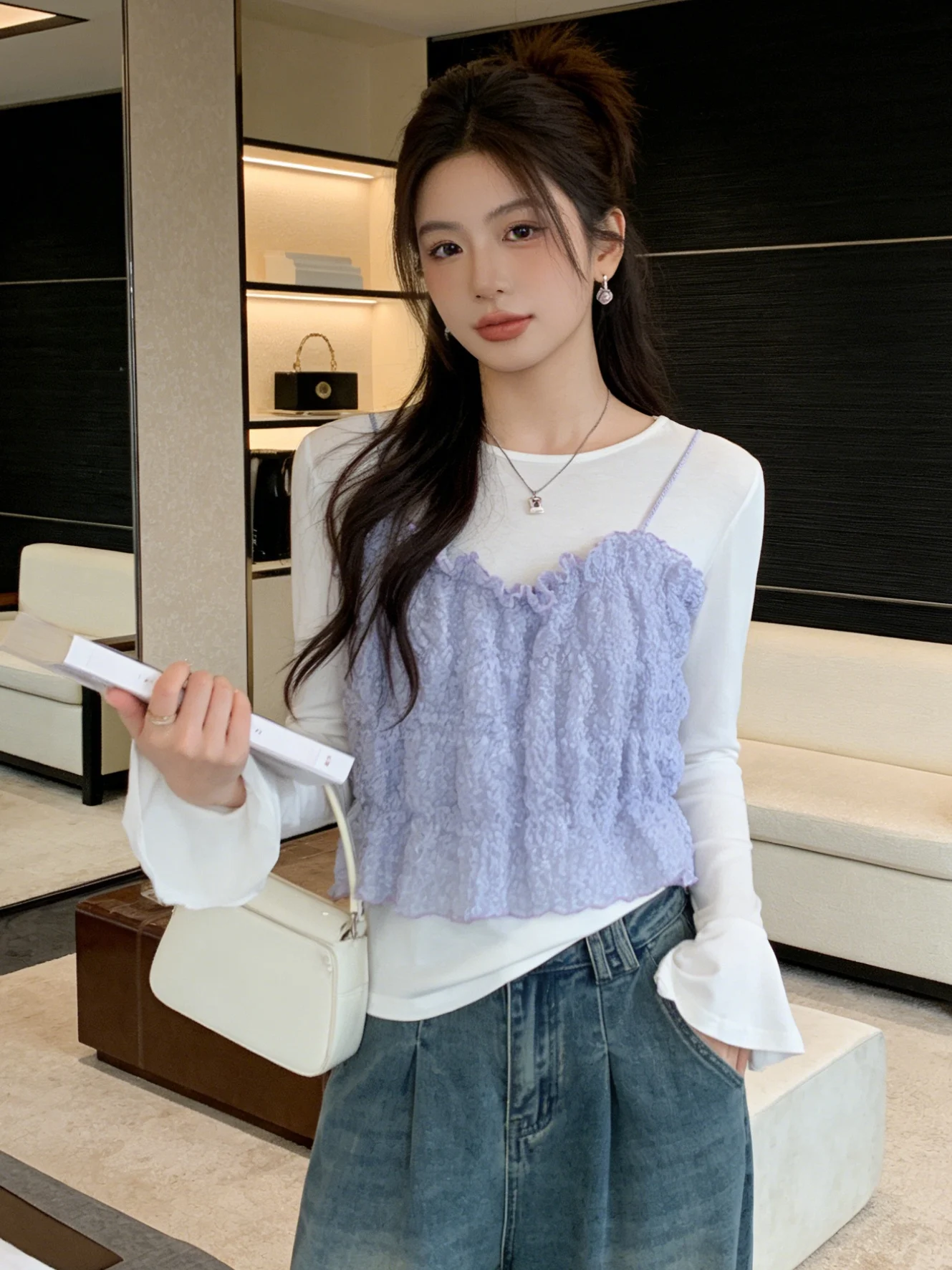 

Korean Sle Women's Spring Faion Set with Bell Sve Tops And Tank Tops Pleated Layering Design Straight Cut Elastic