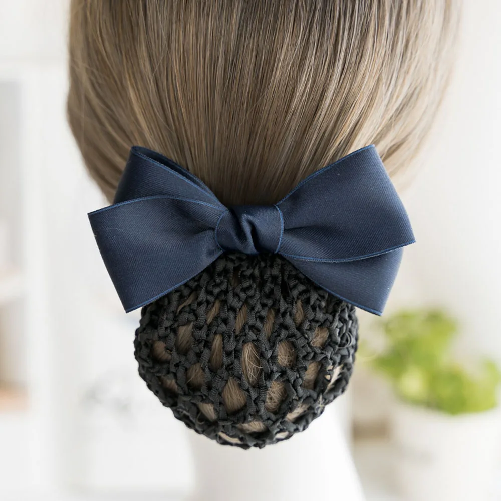 

New Satin Bow Hair Net Barrette Clip For Women Ribbon Office Flight Attendant Dance Accesories Bun Cover Mesh Snood Headwear