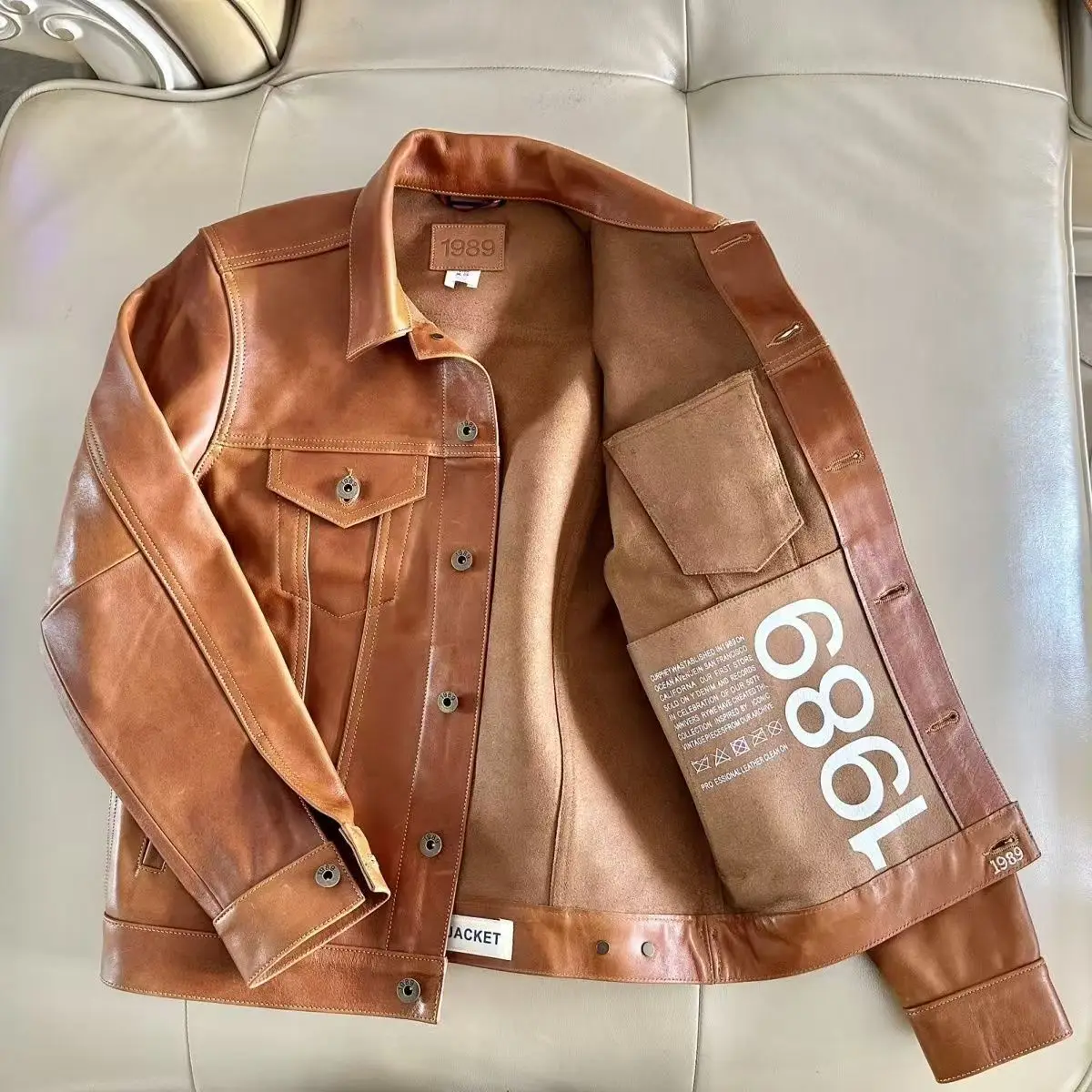 

Autumn Winter Soft Real Leather Jacket Retro Natural Leather Jacket Men's Lapel Slim Short Motorcycle Leather Jacket