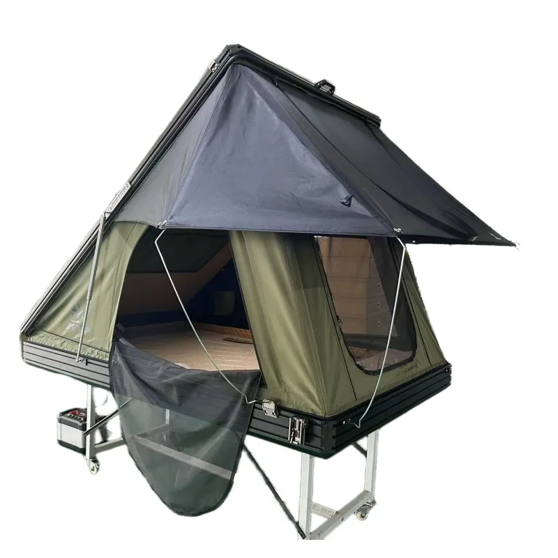Deluxe three-aisle thick floor triangular hard-shell roof tent with exhaust fan