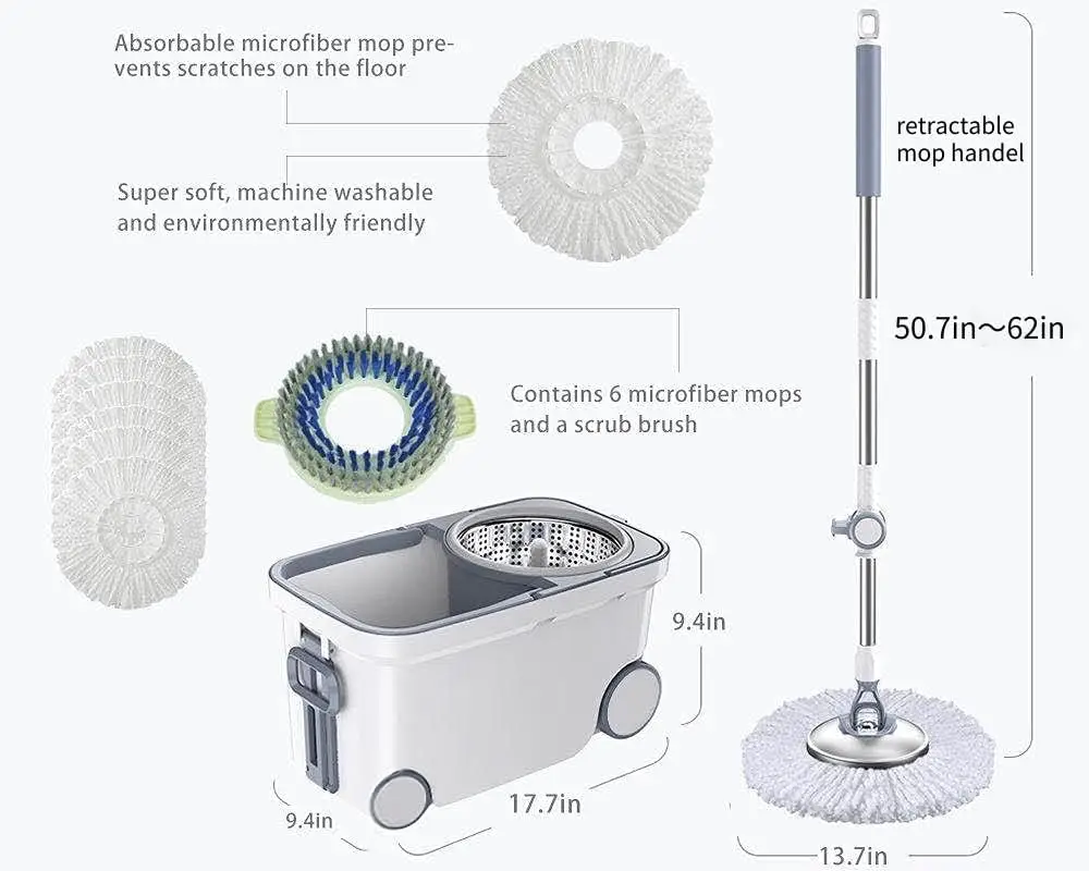 Mop Bucket Deluxe 360 Spinning Floor Cleaning System with 6 Microfiber Replacement Head Refills