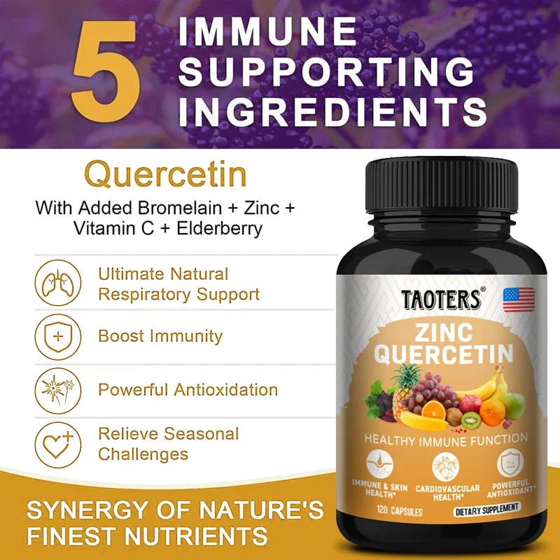 Taoters Zinc & Quercétin | Propriétés des agents anticontinuité, Supplément de santé cardiovasculaire et de soutien immunitaire | 120 Capsules