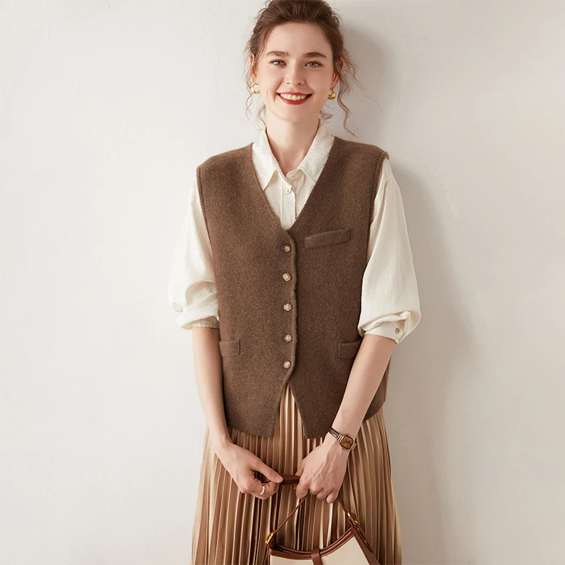 

AutumnWinter Women 100% Cashmere Waistcoat Sleeveless Cardigan Suit Style Cashmere Knit Sweater Preppy Style Classic V-neck Vest