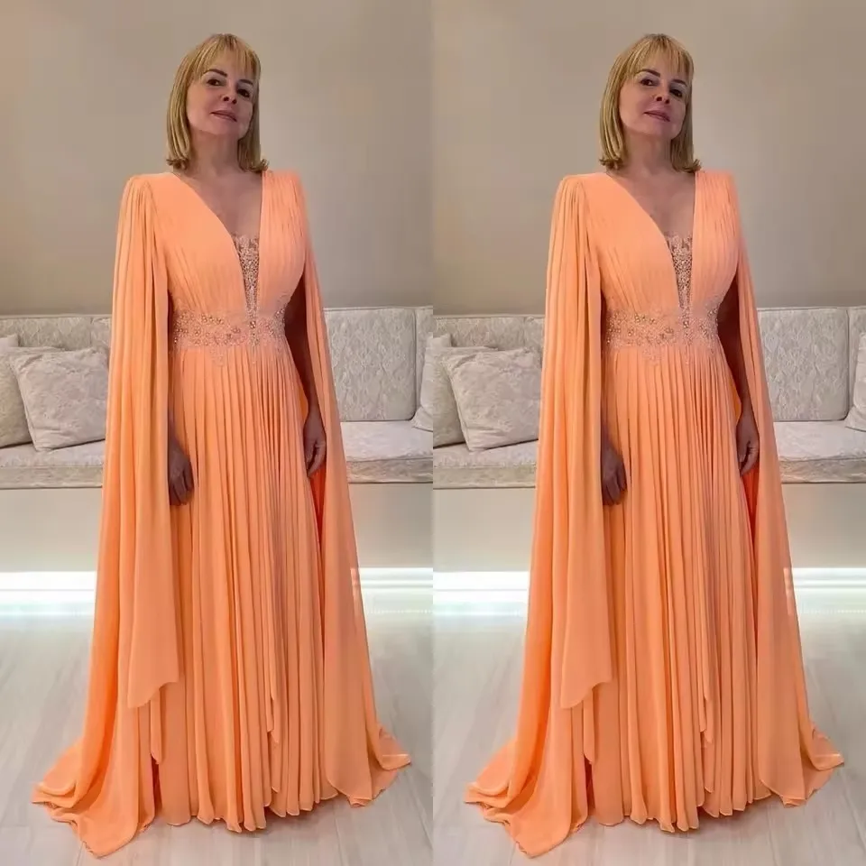 Vestidos elegantes personalizados para madre de la novia con capa, cuello en V, vestido de invitados de boda, vestidos de noche árabes con apliques de cuentas