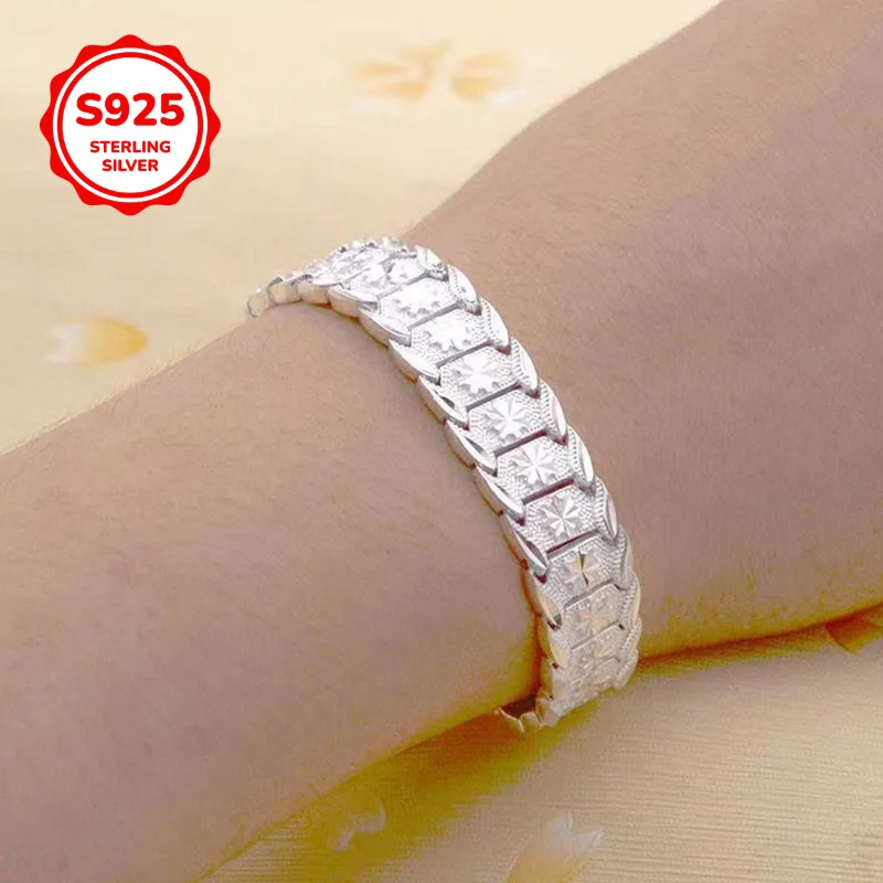 925 Pure Sterling Silver Elegant Euro Coin Pattern 12mm Wide Bracelet for Men and Women Daily Wear Christmas Gift