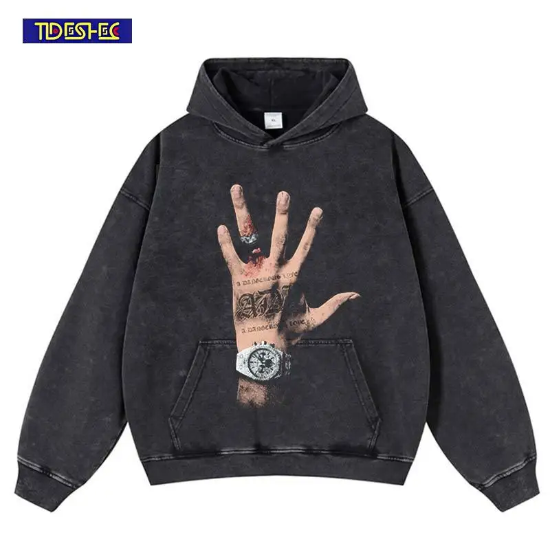 

Vintage Punk 2026 Finger Print Harajuku Hoodie Hip Hop Streetwear Stretwear Sweatshirt Pullover Cotton Washed Oversized Hooded
