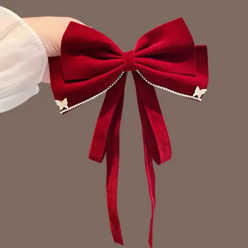 Czerwone aksamitna kokarda spinki do włosów dla kobiet dziewczynek eleganckie spinki do włosów zacisk sprężynowy akcesoria do peruki imprezowe w kucyk