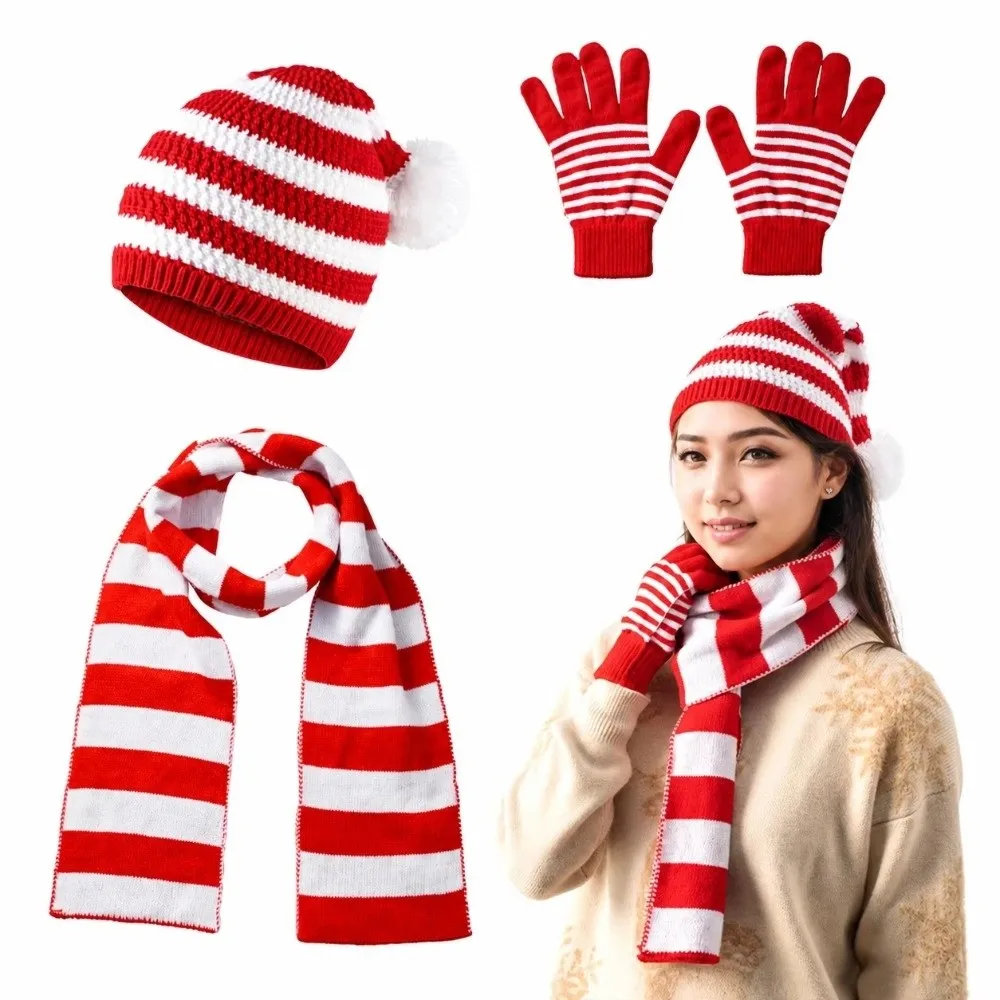 Thermal Yarn Christmas Hat Scarf Gloves Striped Pattern Knitted Holiday Scarf Plush Pom Bright Colors Xmas Beanie Winter Travel