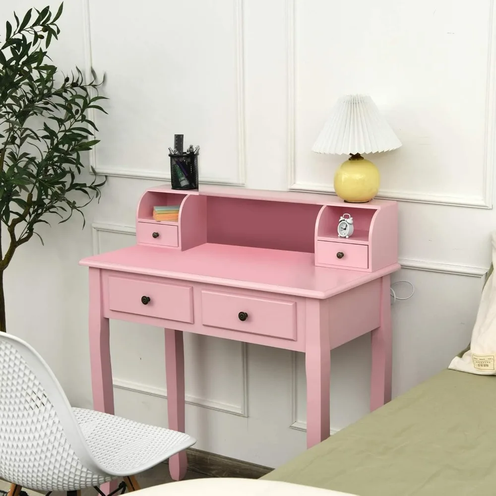 Writing Desk with 4 Drawers, Removable Floating Organizer 2-Tier , Home Computer Vanity Desk for Apartment Small Space (Pink)