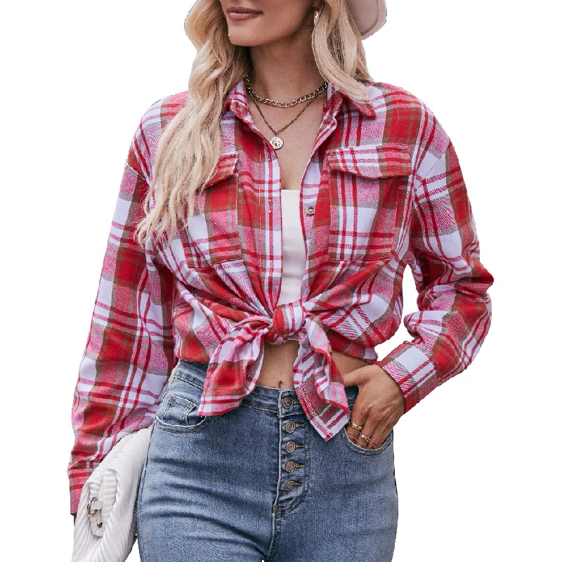 

Women's 2025 Spring and Autumn Red Long Sleeve Collared Button Up Checkered Shirt Casual Button-Down Cotton Plaid Blouse Tops