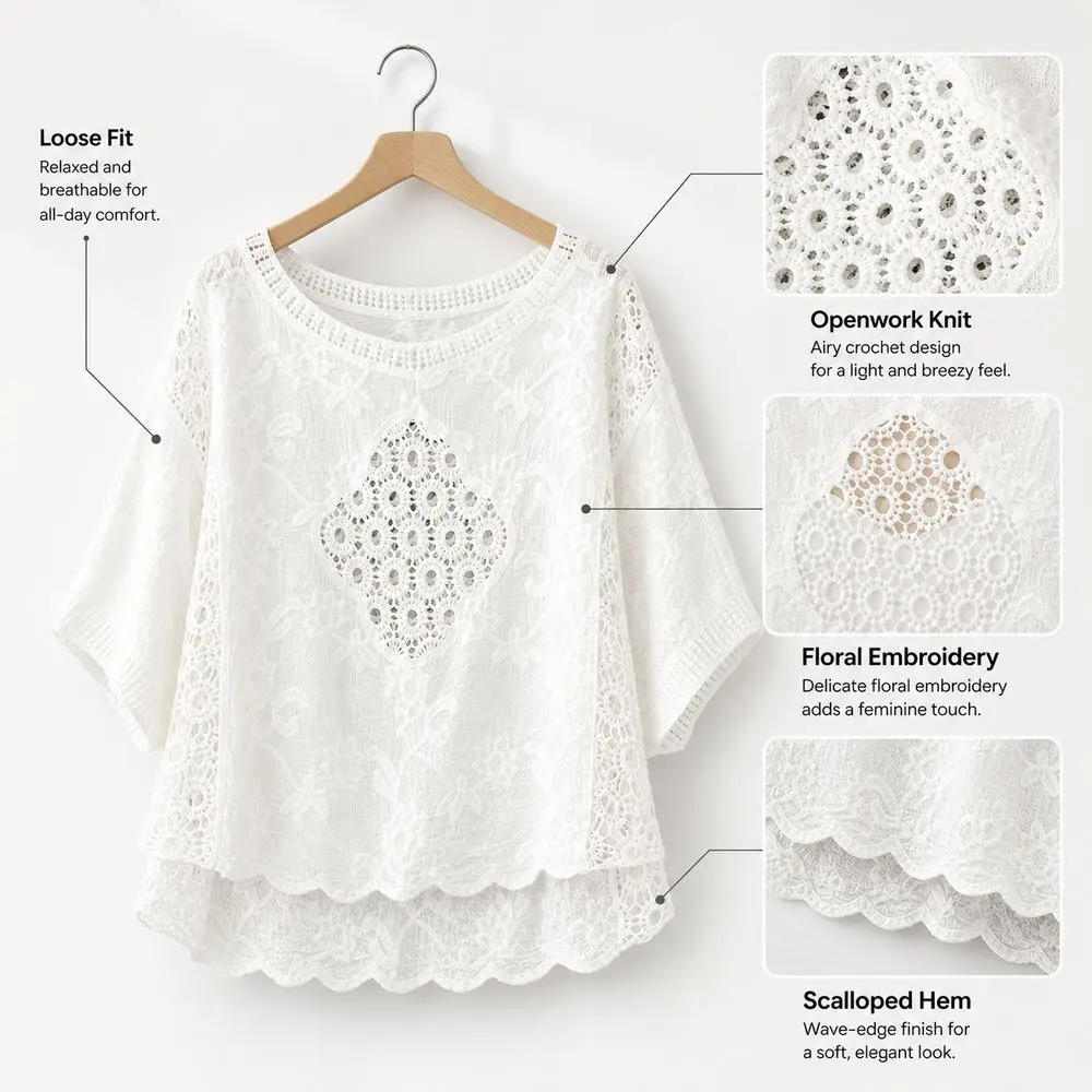 Floral Embroidery Crochet Cover Up White Openwork Knit Knit Cover Up Top Loose Fit Scalloped Hem Pullover Poncho Top view 5
