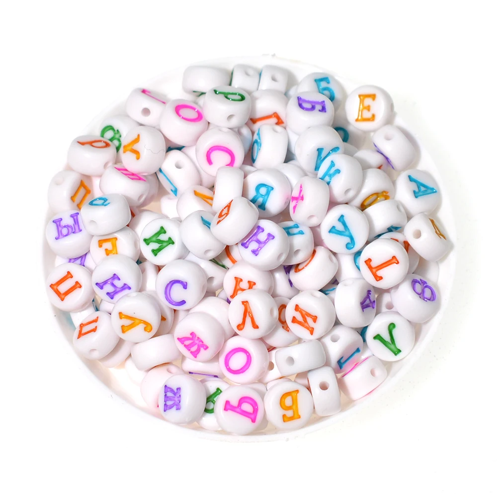 7mm Flat Round Colorful Russian Letters Acrylic Beads White Alphabet Loose Spacer Beads for Needlework Jewelry Making DIY