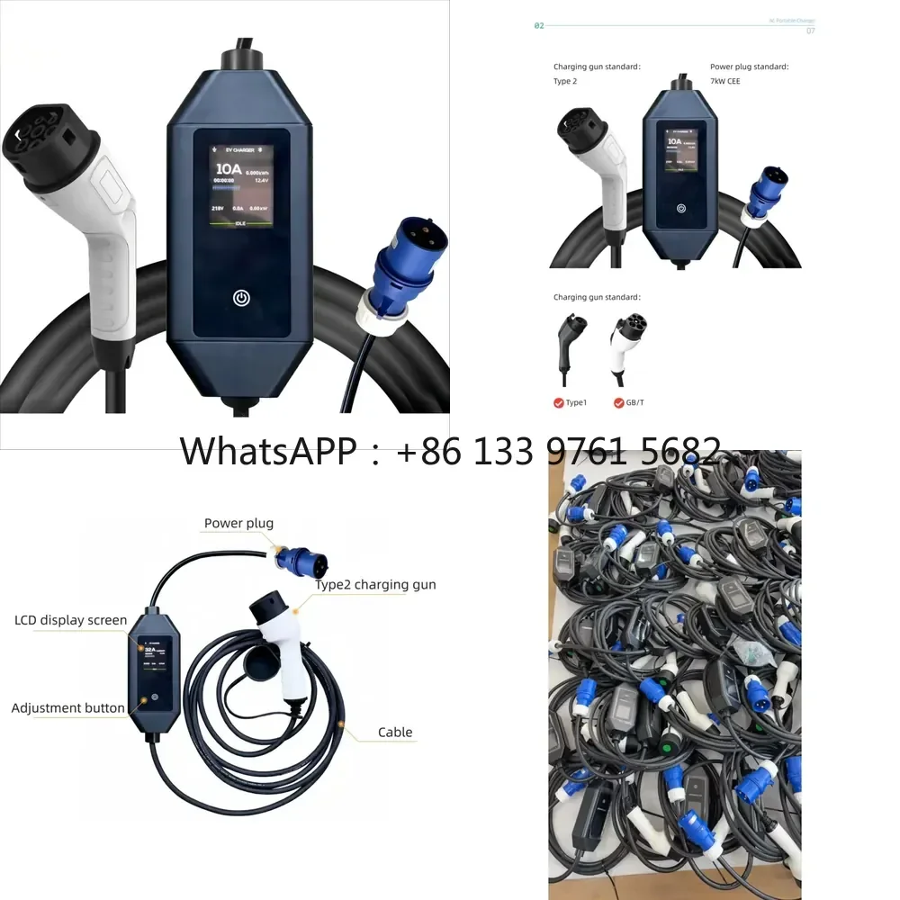 WSQ 7kw Portable Type2 Ev Charger Adjustable Current 32a 5m Cable with Big Screen Display Home Use with Blue CEE Plug