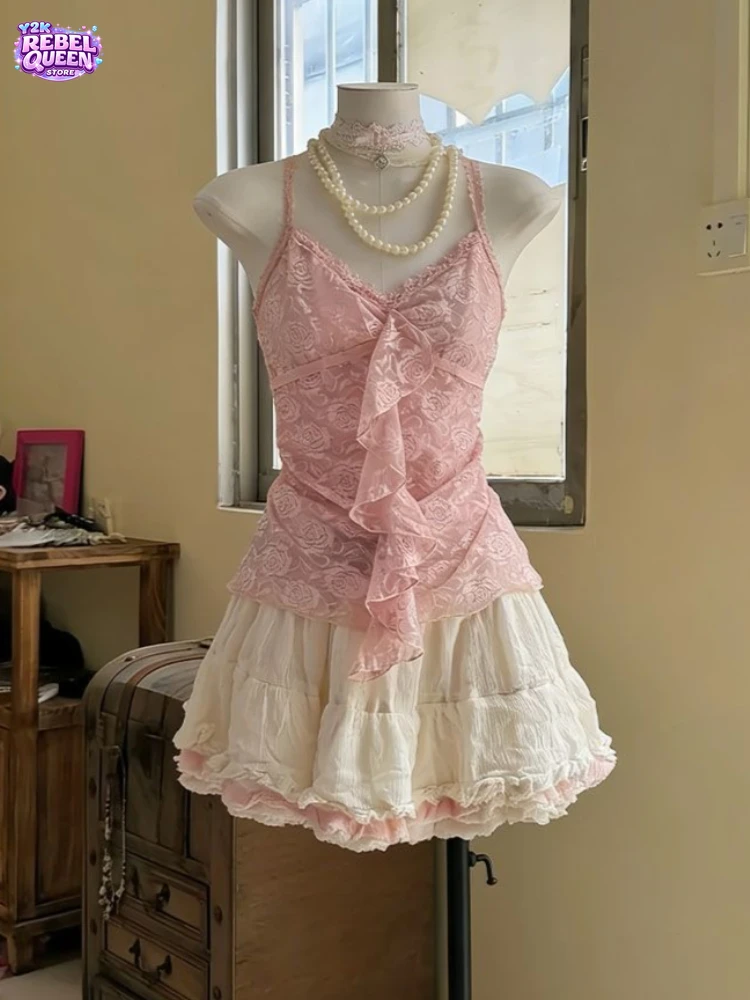 Vintage Sweet Y2K 2 Piece Set Women Slim Lace Spaghetti Strap Top + Fresh Puff Mini Skirt Summer Korean Fashion Popular Outfit