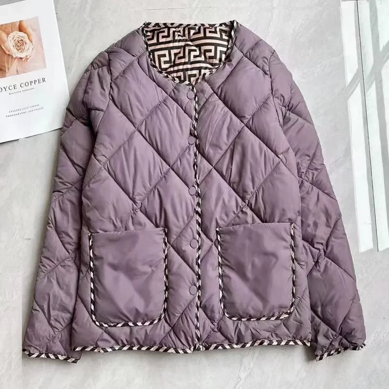 Retro Women\'s Round Neck Cotton-padded Coat Short 2024 autumn Winter New Female Color Rhombic Coat Pattern Trend Joker Overcoat