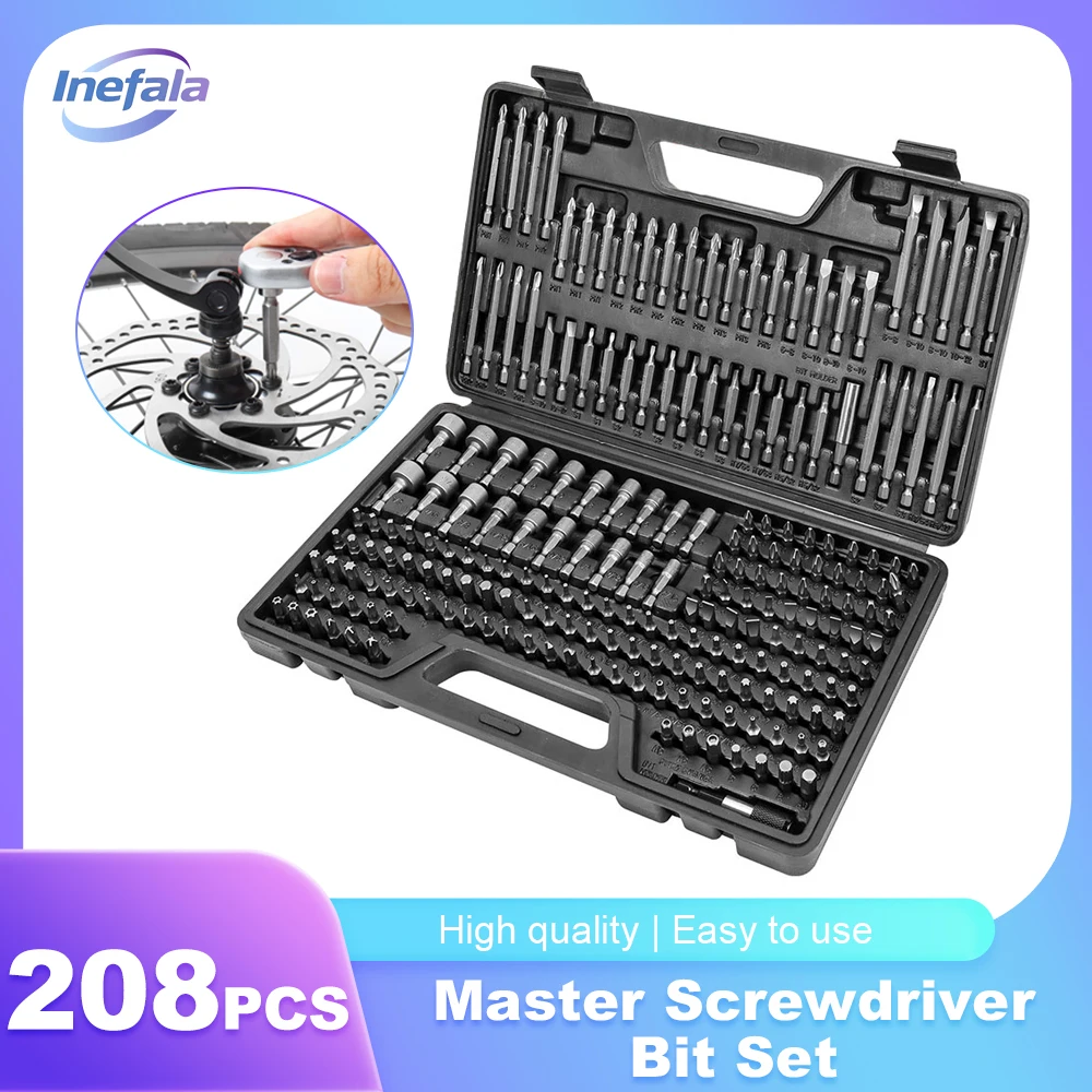 مجموعة لقم مفك براغي رئيسي من Inefala 208 قطعة، لقم مفك براغي سداسية مقاس 1/4 بوصة، مفك صامولة ومجموعة لقم أمان #1