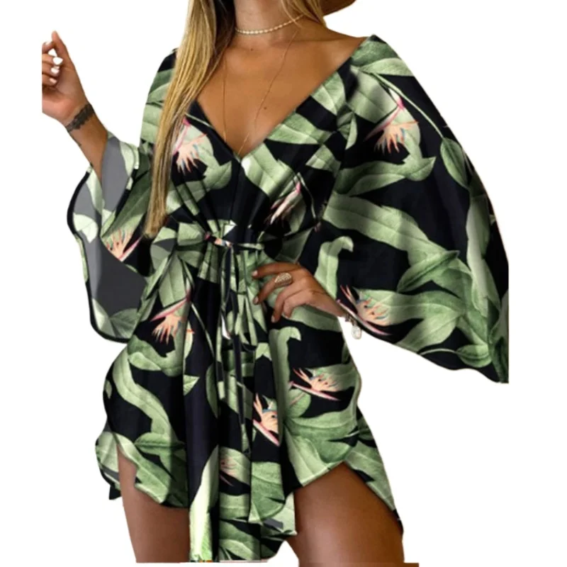 

Boho Printed Dresses for Women Batwing Sleeve Ruffles Mini Beach Party Dress Summer Autumn Ladies V-neck Casual Flower Dress